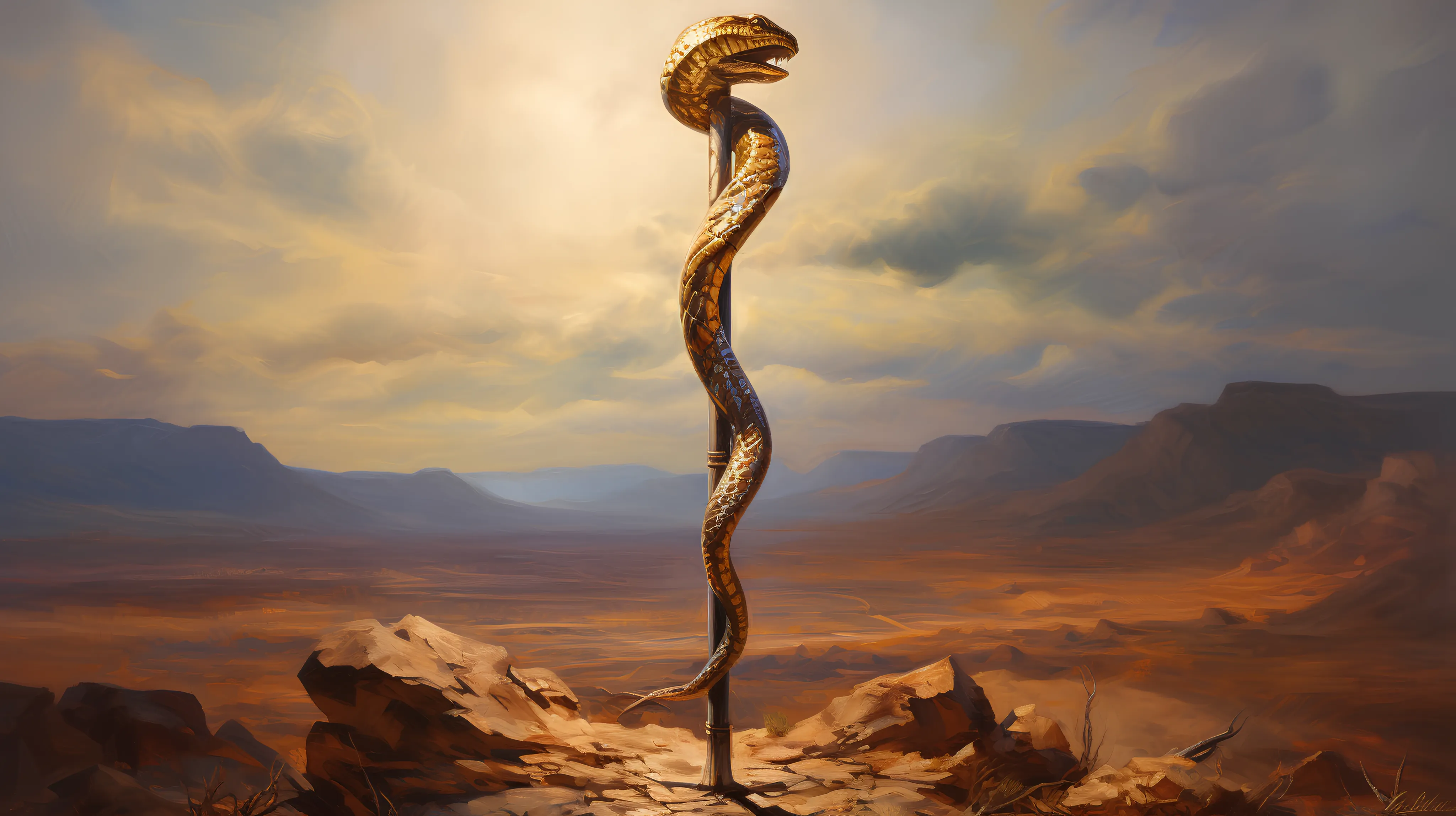 An AI-generated image depicting a bronze serpent sculputre hanging on a pole in the wilderness.