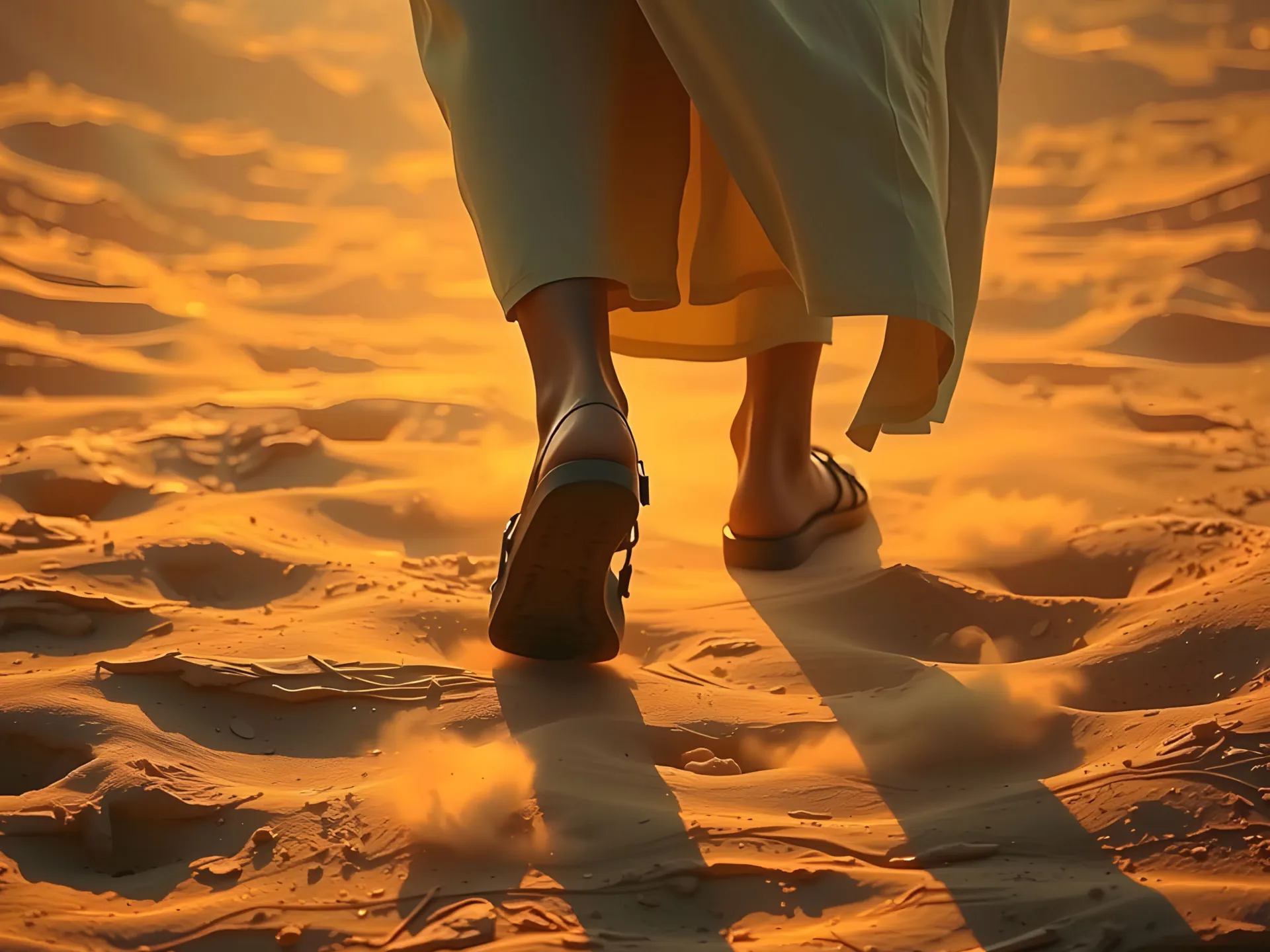 An AI-generated image depicting a man's feet as he walks in the desert sand while wearing sandals.
